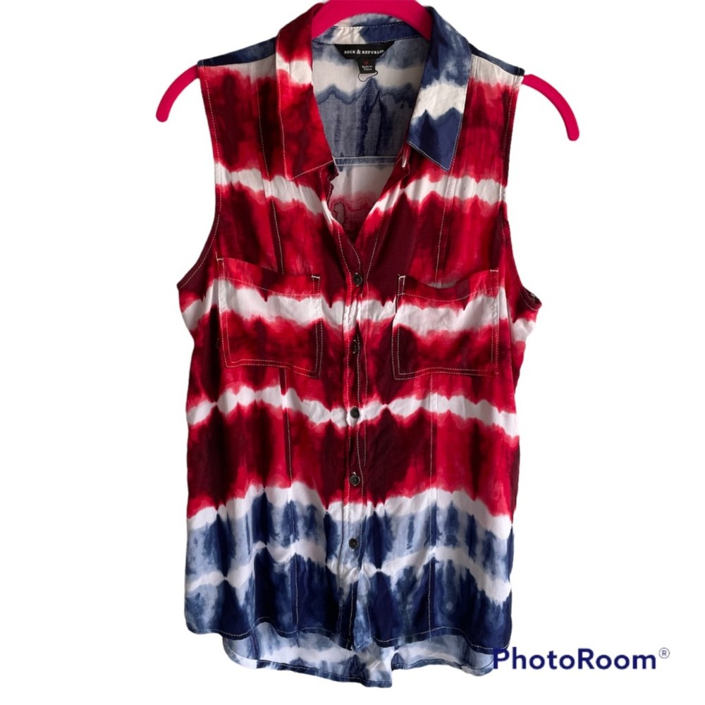 Rock &‎ Republic Ladies Red, White and Blue Tie-Dye Sleeveless Button Up, M